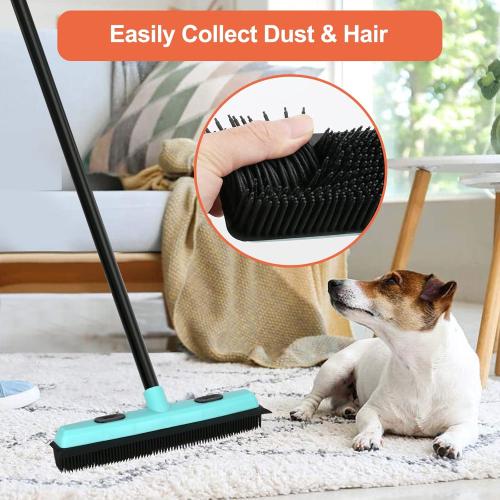 Rubber Broom Carpet Rake for Pet Hair Removal, Fur Remover Broom with 59 Telescoping Long Handle, Pet Hair Broom with Squeegee for Carpet, Hardwood Floor, Tile