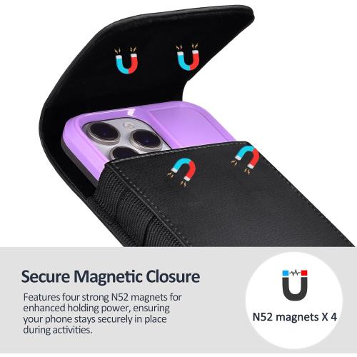 Leather Phone Holster with Strong Metal Belt Clip and Magnetic Closure Compatible with iPhone 16/15/14/13/12 Pro Max, Galaxy S25/S24/S23/S22 Plus & FE, L-Black