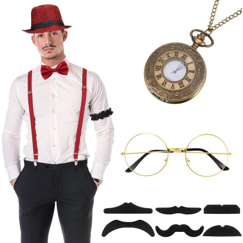 SATINIOR 1920s Old Men Costume Roaring Retro Accessories Set Gangster Hat Bow Tie Pocket Watch Suspender Glass Beard Tie Clip