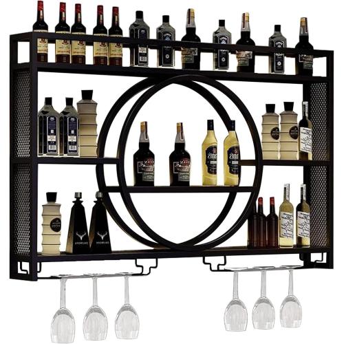 Modern Wine Storage Rack Wall Mounted With LED Light With Wine Glass Holder,Iron Bar Liquor Shelf,Floating Wall Wine Shelves,Bar Liquor Bottle Display Shelf For Kitchen Bar Decoration Gold/Black ( Col