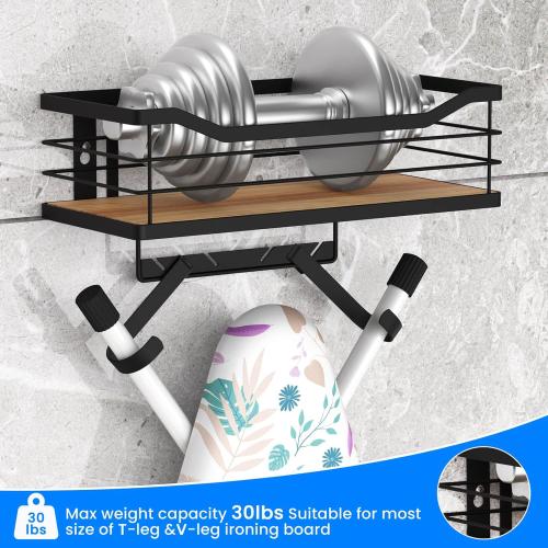 Ironing Board Holder Wall Mount - Laundry Room Organization and Ironing Board Holder Laundry Room Iron and Storage with Large Storage Wooden Base Basket and Removable Hooks(T&V Shaped)