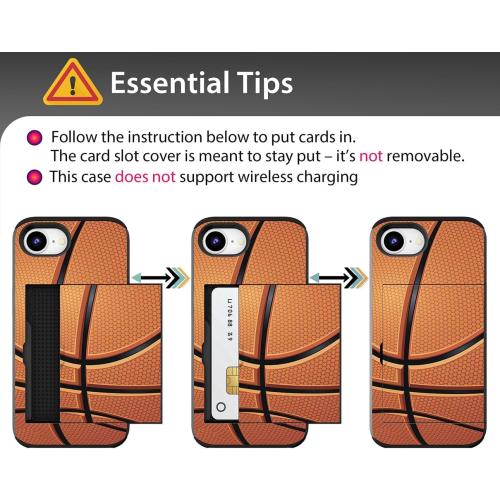 Compatible for iPhone 16e Case with Card Holder Cute - Kawaii Design Military-Grade Drop Protection Rugged Wallet Cases for Women (Black Basketball Sports)