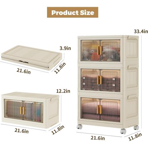 3 Tier Stackable Plastic Storage Bins with Lids 48QT, Collapsible Closet Organizers and Storage with Wheels for Living Room,Office,Dorm