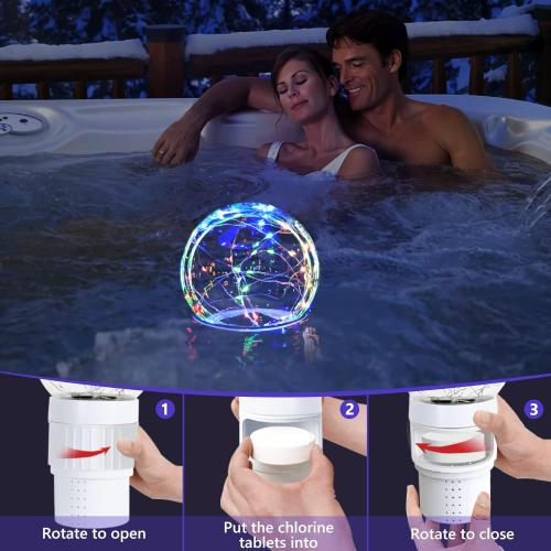 Pool Chlorine Floater with Colorful Solar Ball Lights, Floating Pool Chlorine Dispenser for 4x3” Chlorines Tablets, Easy Opening Chlorines Tablet Holder Floater, Anti-Sinking Spa Chemical Dispenser