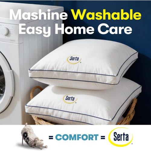 Serta Hotel Collection Bed Pillows Queen/Standard Size Set of 2, 400 Thread Count 100% Cotton Cover, Medium Soft, Support Gusseted Down Alternative Pillow for Back, Stomach or Side Sleepers, 18 x 26