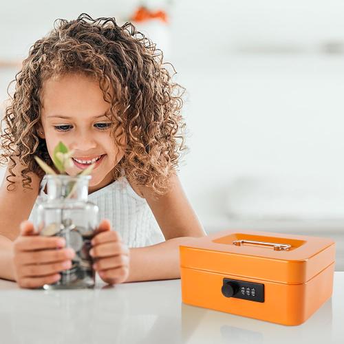 Cash Box with Money Tray and Combination Lock Metal Money Box Change Lock Box for Money 7.87 x 6.3 x 3.54 Orange
