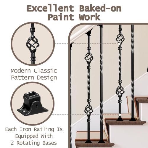 30 Pack Wrought Iron Balusters for Staircase Interior, 1/2 x 44 Hollow Deck Spindles Stair Railing Indoor with 60 Fixed Swivel Shoes, Metal Double Basket Decorative Stair - Matte Black