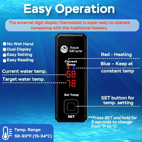 AquaMiracle 15W Dual LED Display Small Aquarium Heater for 1-3 Gal Tanks