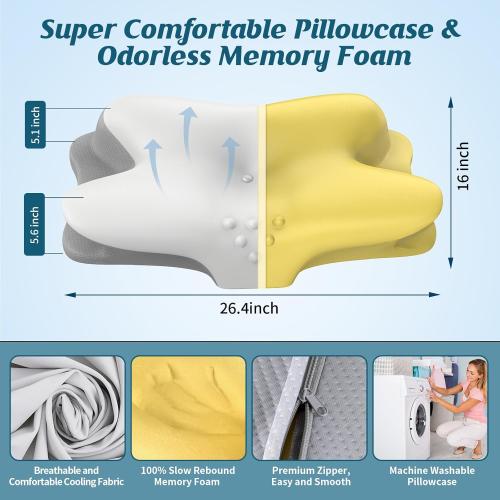 White and Grey Cervical Neck Pillow - Cooling Pillow for Neck Pain Relief, Ergonomic Side Sleeper Pillow for Sleeping, Contour Orthopedic Memory Foam Pillows for Back & Stomach Sleepers with Pillowcase
