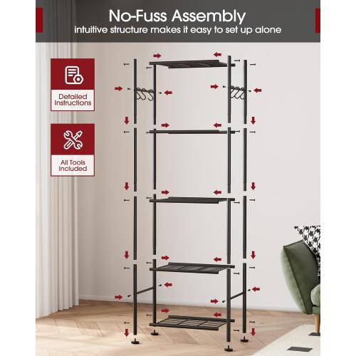 Sakugi Storage Shelves - 5-Tier Large Capacity Shelf Organizer with Hooks, Heavy-Duty Garage Shelving with Leveling Feet, Wobble-Free Rack for Bedroom, Balcony, Garage, Black