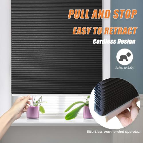Cordless Cellular Blinds Shades Easy Cut Adjust Size Cordless No Drilling Honeycomb Window Blinds for Home Kitchen Office, Easy to Install No Tool Need Black Blackout