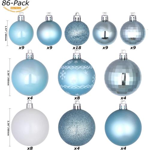Sea Team 86-Pack Shatterproof Babyblue Christmas Ball Ornaments Set, Assorted Multi-Sized Hanging Baubles, Xmas Tree Decorations, Seasonal Décor for Holiday Wreath Garland, Hooks Included