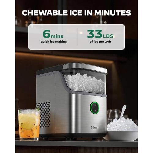 Silonn Nugget Ice Maker Countertop, Ice Basket with Handle, Quiet Operation & Self Cleaning Ice Machine, Chewable Ice, 33 lbs/24H, Portable Pellet Ice Maker with Scoop for Home, Kitchen and Office
