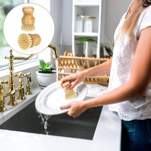 Bamboo Dish Scrub Brushes Kitchen Dishwashing Cleaning Brush Wooden Scrubbers Set Sisal Bristles Cleaner Scrubber for Washing Cast Iron Pan Pot Sink Spatula