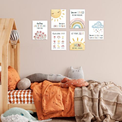 HOURIA Kids Bible Verses Wall Decor,Inspirational Christian Wall Art,Set Of 6 (8’’X10’’) Rainbow Scripture Canvas Wall Art For Nursery Bedroom Classroom Sunday School Decor,Christian Gifts For kids