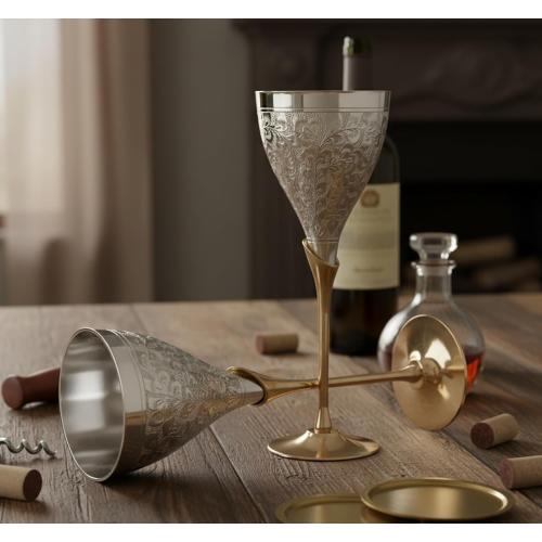 StonKraft eSplanade Engraved Brass Goblet Champagne Glasses Flutes Coupes Wine Glass Set (Thick) - Silver Polished