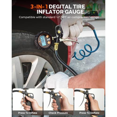 ETENWOLF T500 Digital Tire Pressure Gauge with Inflator, Tire Gauge 0-250 PSI, Calibrated to ANSI B40.7 Grade 2A, Air Chuck & Compressor Accessories with Storage Bag, Black