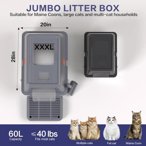 XXXL Stainless Steel Litter Box with Lid，Extra Large 28L*20W*18.1H Metal Cat Litter Boxs,Jumbo Enclosed Removable Litter Box High Sides For Big Cats,with Cat Litter Scoop, Leak-Proof, Easy to Clean