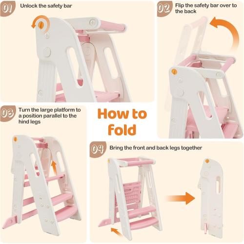 Onasti Folding Toddler Kitchen Tower, Kids Kitchen Step Stool for Learning with Movable Safety Rail, Non-Slip Surface, Easy Assembly for Parents & Grandparents-Pink