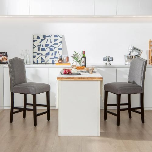 Size 17.5” x 21” x 41” Set of 2 Color Grey COSTWAY Bar Stools Set of 2, Linen Upholstered Counter Height Chairs with Solid Rubber Wood Legs, 25” Kitchen Island Wood Bar Chairs with Nail Heads Decorations, for Kitchen, Bistro, Café (2, Grey)