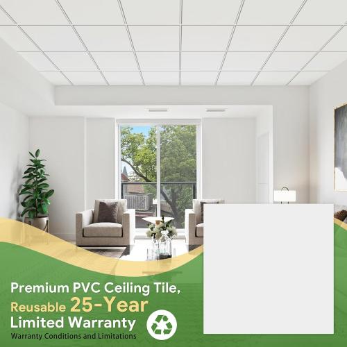 24x24 White Drop Ceiling Tiles Waterproof High-Grade PVC Ceiling Tiles 2x2 Fire-Rated - Easy Drop-in Installation - Case of 12 (48 sq. ft.)