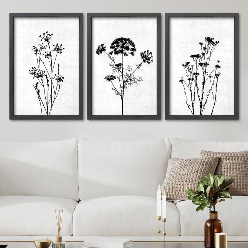 TQianJiang Flower Plant Wall Decor 16x11 Black And White Set of 3 | Botanical Painting, Wood Framed, Bedroom Office, Abstract Wildflower Sign Hanging Art