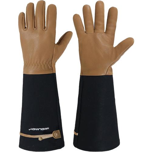 HANDLANDY Long Gardening Gloves for Men & Women, Cowhide Leather Rose Pruning Gloves, Breathable Thorn Proof Gauntlet Glove (Brown-Cowhide, XL)
