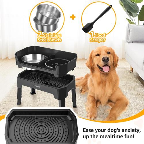 3 in 1 Elevated Dog Bowls Mess Proof: Raised Dogs Bowls - 4 Height Adjustable Dogs Bowl Stand with 2 * 53oz Stainless Steel Dog Food Bowl and Licking Plate for Small Medium Large & Pets,Black