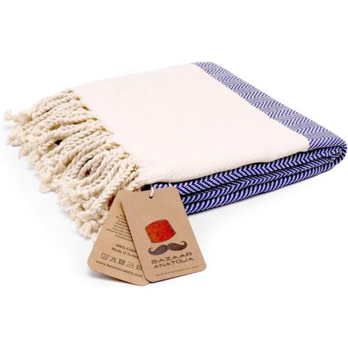 Bazaar Anatolia Beach Towel, 100% Cotton, 71x39 in, Herringbone Dark Blue