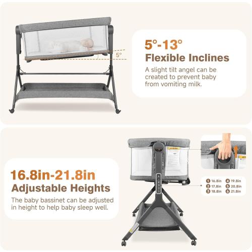 3-in-1 Baby Bassinet, Bedside Bassinet Sleeper, Rocking Bassinet with Comfy Mattress&Breathable Mesh, 6-Height Adjustable, Quiet Moveable & Easy-Assembly Grey Crib, 0-5 Months Baby