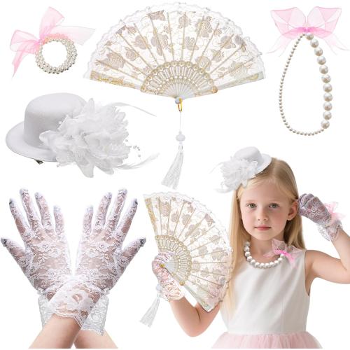ZEAYEA 5 Pcs Girls Tea Party Set, Includes Gloves Hat Necklace Bracelet Fan for Girls Costume, Girl Tea Party Supplies Dress Up Play Set for Playtime Birthday Easter Halloween Accessories