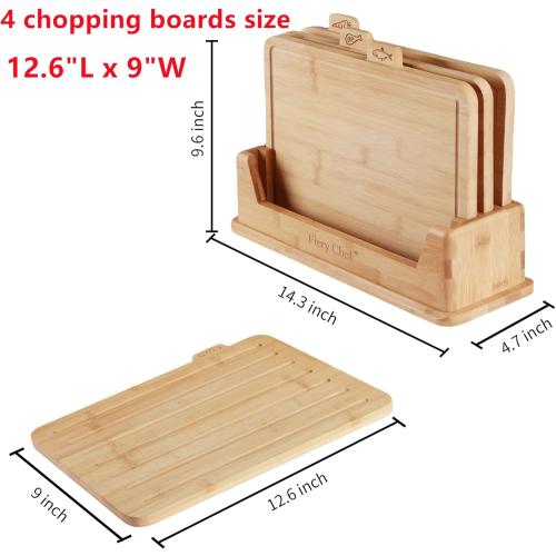 12.6L x 9W Bamboo Cutting Board Set of 4 - Wood Cutting Board Set with Holder, Chopping Boards Set with Food Icons, Juice Groove - Ideal for Meat, Fish, Bread, Vegetable, Fruit Chopping