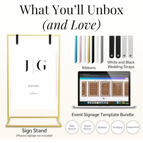Gold Wedding Welcome Sign Stand with Holder - Elegant Metal Easel Display for Seating Chart, Reception Signs, Welcome Board - 30  Customizable designs for Baby, Bridal Shower - Versatile Party Sign Holder