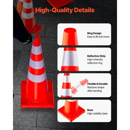 VEVOR Safety Cones, 6 x 36 Traffic Cones, PVC Orange Construction Cones, Reflective Collars Traffic Cones with Weighted Base Used for Traffic Control, Driveway Road Parking and School Improvement
