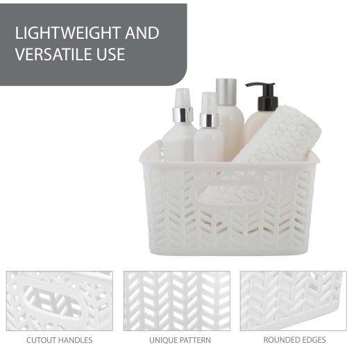 Simplify Small Herringbone Bin Storage Tote Basket Organizer Decorative, Good for Closets, Countertops, Desks, Dressers, Accessories, Cleaning Products, Sports Equipment, Toys, White