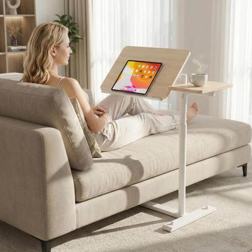 YUHFERA Rolling Table for Laptop Stand, Height and Angle Adjustable Over Bed Table with Wheels, Tilt-Top Laptop Desk for Couch with Cup Holder, Bed Table Tray for Eating (Oak)