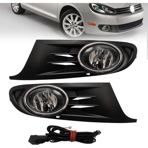 Fog Lights Fit For MK6 2010-2014 Golf Jetta TDI Sportwagen Chrome Black Bezel Kit (OE Style Clear Lens with Wires, Bulbs, Bezels)
