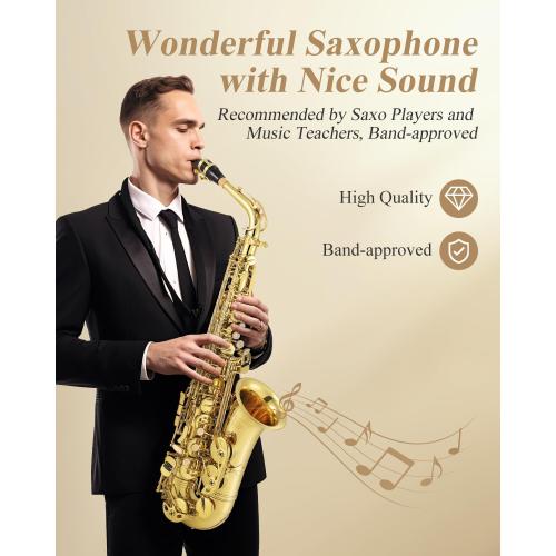 Eastar Professional Alto Saxophone Golden E Flat Eb with Cleaning Kit, Carrying Case, Mouthpiece, Neck Strap, Reeds, Stand, AS-Ⅲ