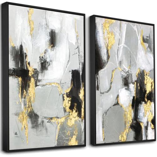 Zessonic Black Abstract Wall Art Decor - 2 Pack 24 x 36 Black and Gold Canvas Wall Decor with Hand Texture for Living Room, Bedroom, Office, Framed, Ready to Hang
