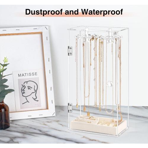 Clear 12.5 x 6.3 x 3.3 Necklace Holder, Acrylic Jewelry Organizer with 24 Hooks, Rotation Clear Necklaces Pendant Display Case Stand, Dust-proof Velvet Tray Hanging Rack Storage for Earrings Rings