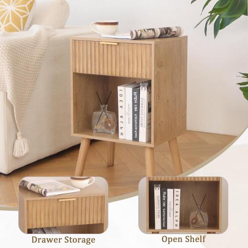 Wood Nightstand with Charging Station, Bedside Table with Fluted Drawers and Outlet, Boho Night Stand for Bedroom, Living Room, Office (Rustic Walnut)