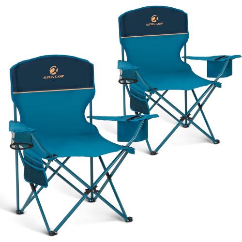 ALPHA CAMP Camping Chair 2 Pack Portable Chair with 3-Can Cooler Folding Chair with Side Pocket and Cup Holder, Collapsible for Camping, Tailgates, Beach, Fishing and Sports,2PC