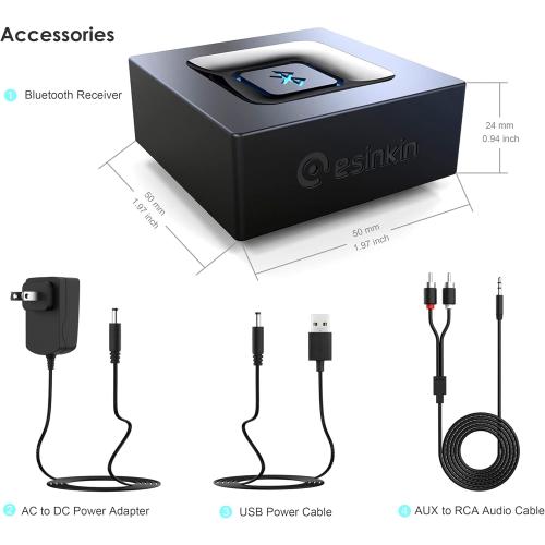 Esinkin Bluetooth Audio Adapter for Music Streaming Sound System | Wireless Audio Adapter Works with Smartphones and Tablets, Bluetooth Receiver for Home Stereo