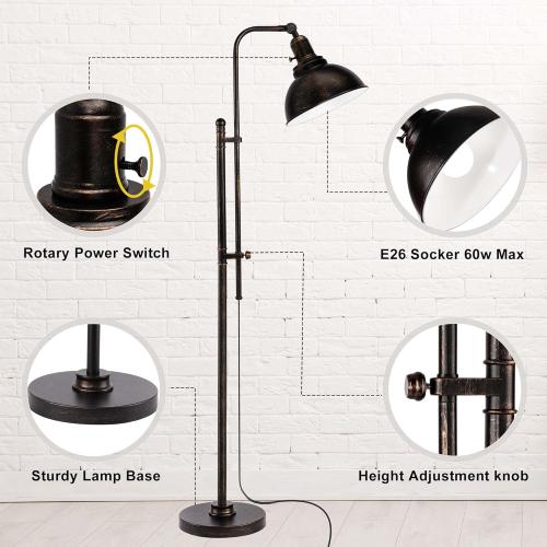 PARTPHONER Industrial Floor Lamp Adjustable, Rustic Farmhouse Reading Lamp in Aged Black Finish, Modern Standing Lamp with Remote Control Metal Shade for Living Room Bedroom Study Room Office Hotel