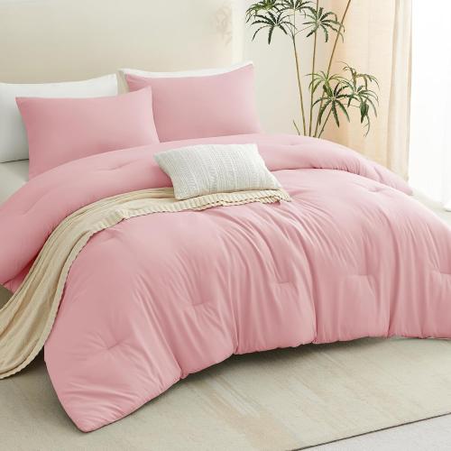 Comforter Set Pink, 3 Pieces Lightweight Comforters Quilted Bedding Sets, All Season Breathable Solid Down Alternative Comforter with 2 Pillowcases, Bed Set Gift for Home