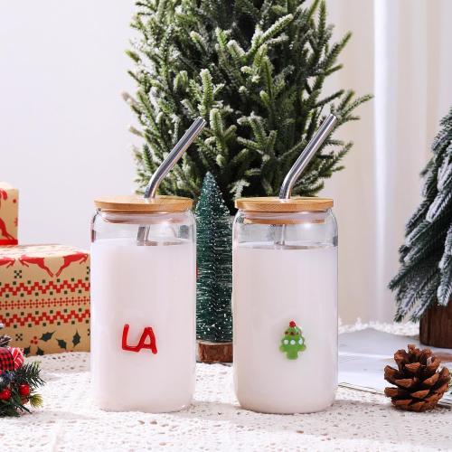 Honeydak 2 Pcs Christmas Icon Juice Glass Tumbler with Lid and Straws - 18 oz Christmas Tree & FA LA LA Drinking Glasses Coffee, Beer, Soda, Juice Cups for XMAS Party Supplies Gift