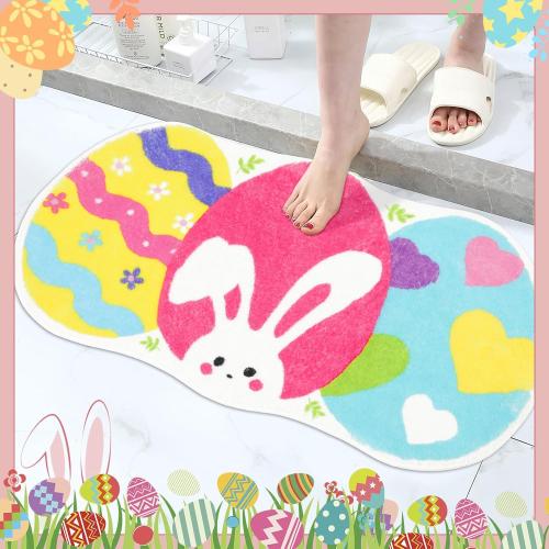 FEBSNOW Easter Bunny Egg Bath Mat, 15.75 x 29.5 Inches, Multicolor, Cartoon Style, Non-Slip, Machine Washable