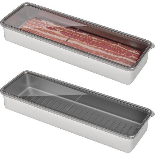 Freshmage Bacon Container for Refrigerator, 1 Pack 304 Stainless Steel Airtight Deli Meat Storage Container for Fridge Dishwasher Safe Long Kitchen Food Storage Containers with Lids with Elevated Base