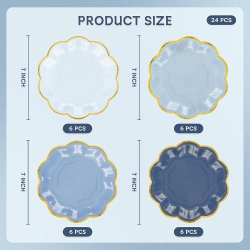24 Pcs Dusty Blue Scalloped Paper Dessert Plates, 7 Inch, Gradient Blue | Gold Foil Edge, Disposable Party Plates, Snack Cake Plate for Birthday Bridal Baby Shower Wedding Xmas Party Supplies