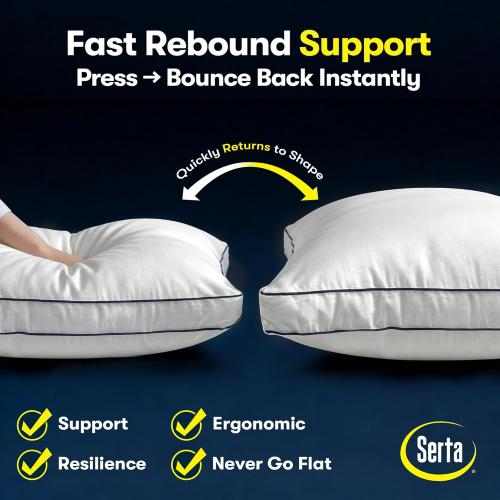 Serta Hotel Collection Bed Pillows Queen/Standard Size Set of 2, 400 Thread Count 100% Cotton Cover, Medium Soft, Support Gusseted Down Alternative Pillow for Back, Stomach or Side Sleepers, 18 x 26
